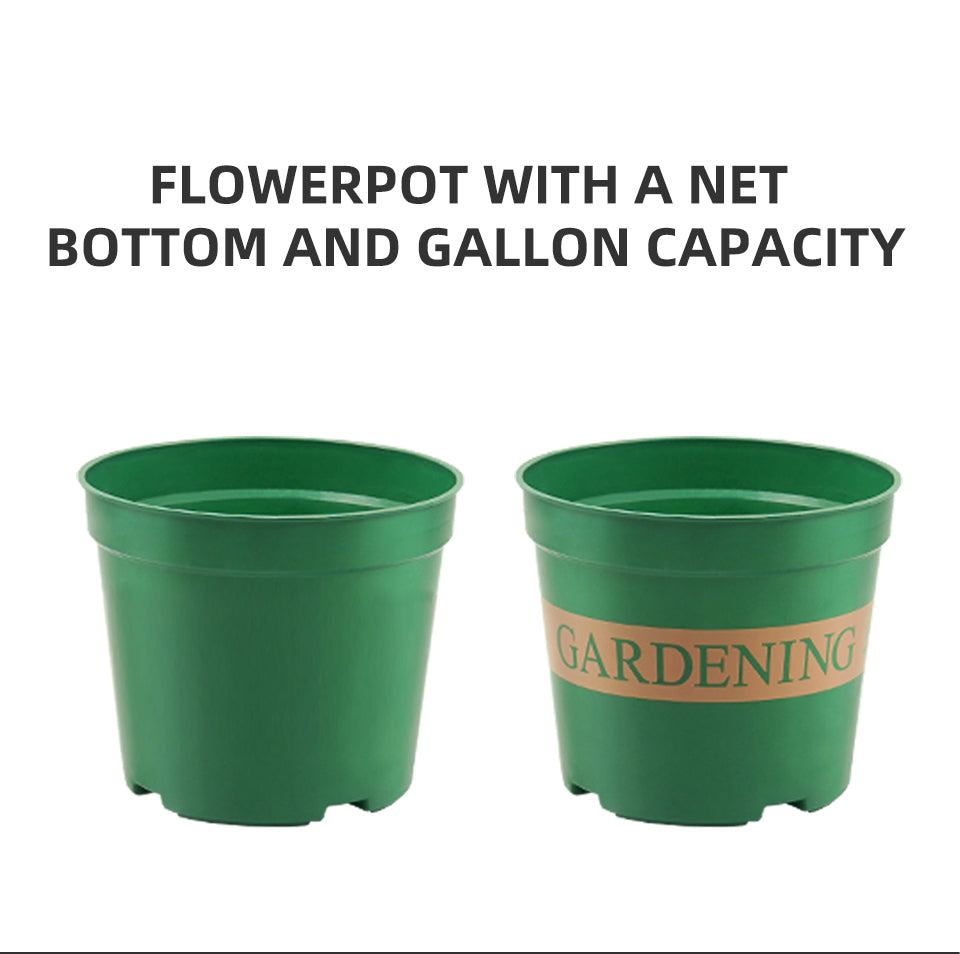 net bottom gallon plastic flower pots, green planters with gardening print bulk supply