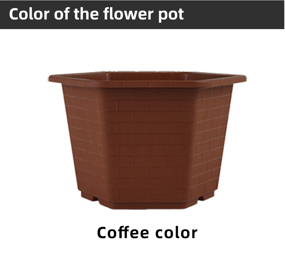 Brick-Patterned Octagonal Plastic Flower Pots, Coffee Color, Large Size Drainage Planters for Gardening, Bulk Supply