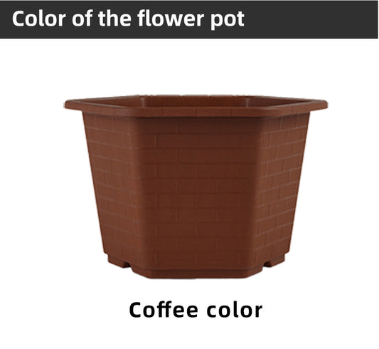 Brick-Patterned Octagonal Plastic Flower Pots, Coffee Color, Large Size Drainage Planters for Gardening, Bulk Supply