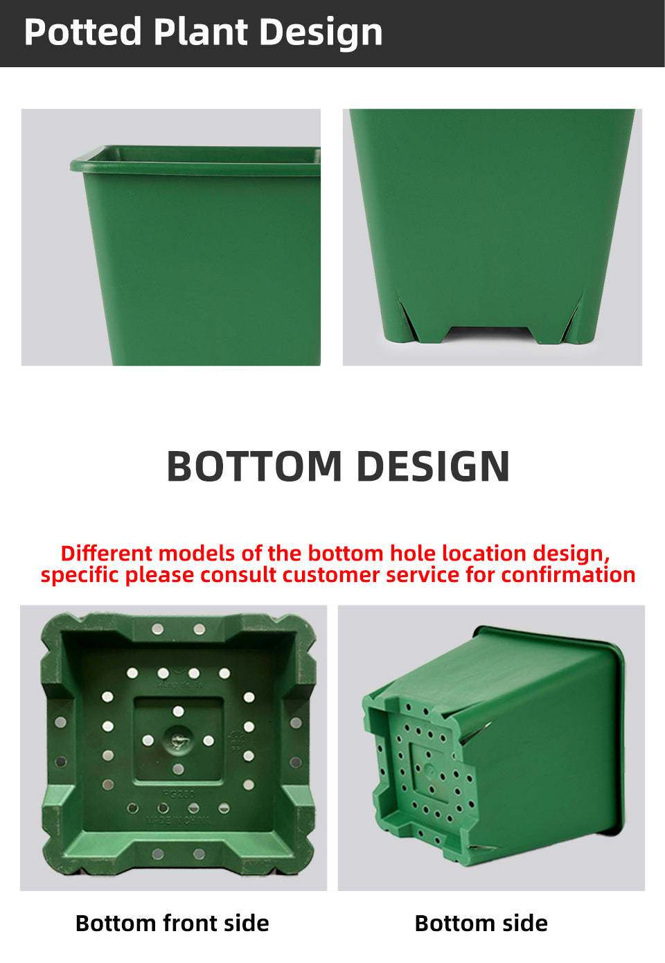 Square Gallon Plastic Flower Pots, Green Planters with Drainage Holes for Indoor Outdoor Gardening, Bulk Supply