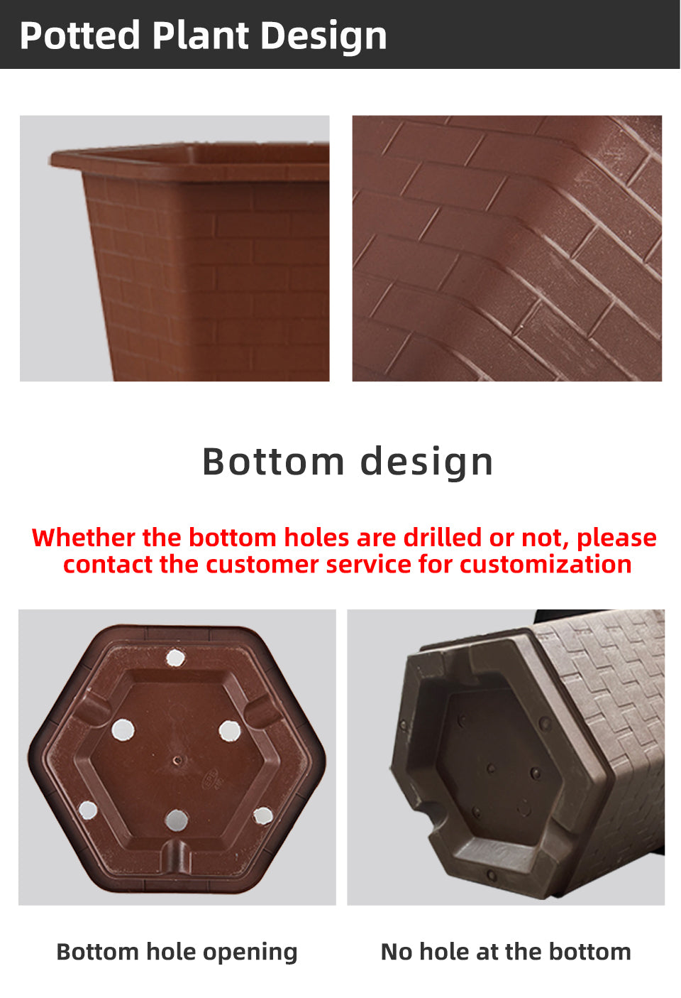 Brick-Patterned Octagonal Plastic Flower Pots, Coffee Color, Large Size Drainage Planters for Gardening, Bulk Supply