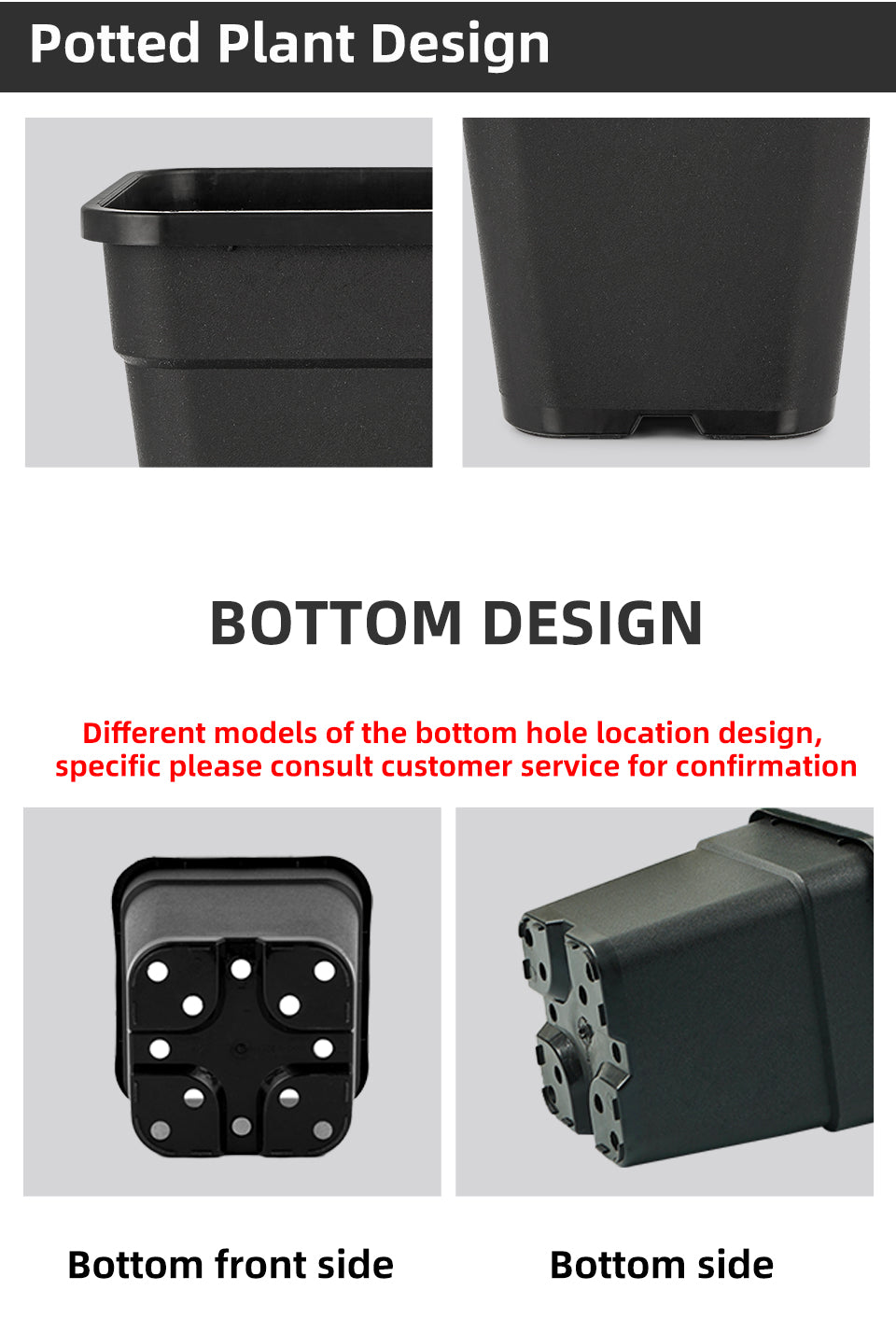 Square Plastic Flower Pots, Black/White Planters with Drainage Holes for Indoor Outdoor Gardening, Bulk Supply