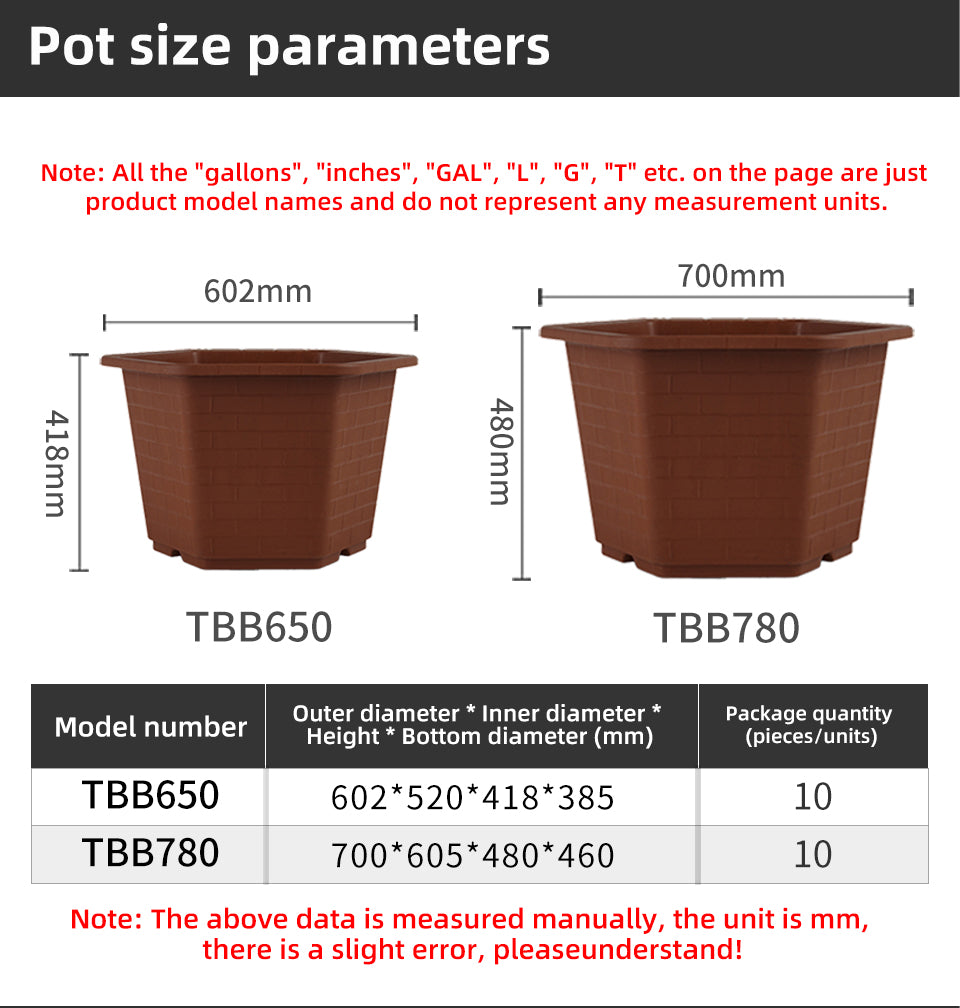 Brick-Patterned Octagonal Plastic Flower Pots, Coffee Color, Large Size Drainage Planters for Gardening, Bulk Supply