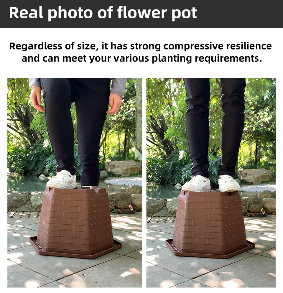 Brick-Patterned Octagonal Plastic Flower Pots, Coffee Color, Large Size Drainage Planters for Gardening, Bulk Supply