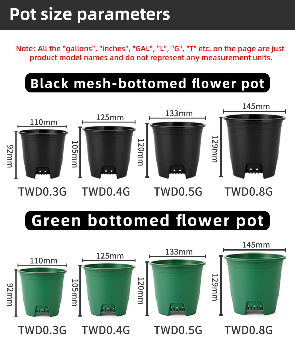Net-Bottom Gallon Plastic Flower Pots, 3 Styles (Black/Green/Green Printing), Multi-Size Drainage Nursery Pots, Bulk Supply
