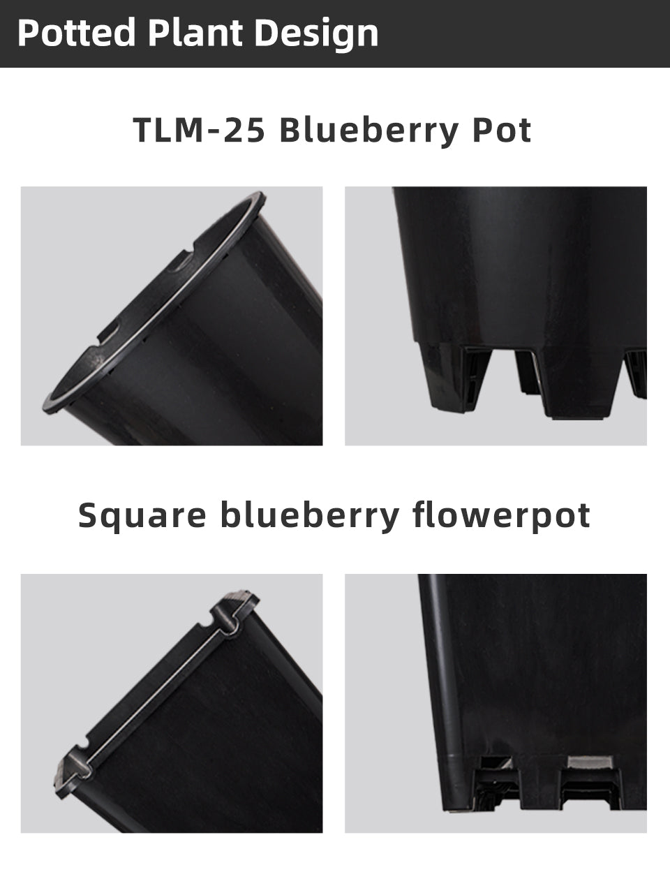 Blueberry Plastic Plant Pots, Round & Square T-Shaped Styles, Heavy Duty Drainage Nursery Pots for Fruit Vegetable Gardening, Bulk Supply
