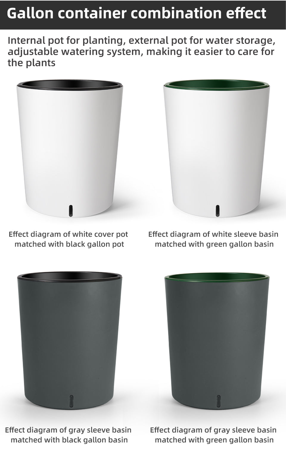 Round Gallon Flower Pot Covers, Modern Plastic Planters, White & Grey, Self-Watering for Indoor Gardening, Bulk Supply