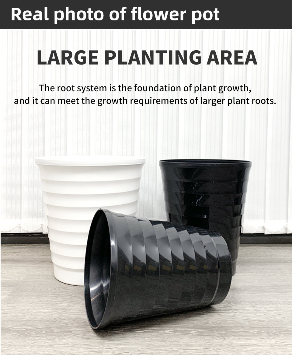 High-Topped Threaded Plastic Flower Pots, Black & White, Modern Large Planters for Indoor & Outdoor Gardening, Bulk Supply