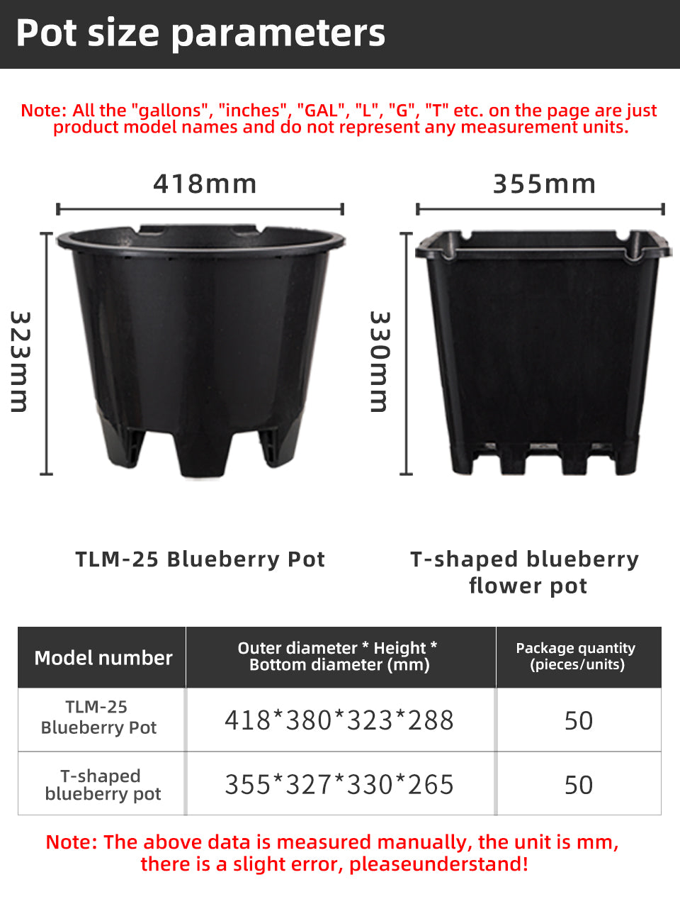 Blueberry Plastic Plant Pots, Round & Square T-Shaped Styles, Heavy Duty Drainage Nursery Pots for Fruit Vegetable Gardening, Bulk Supply