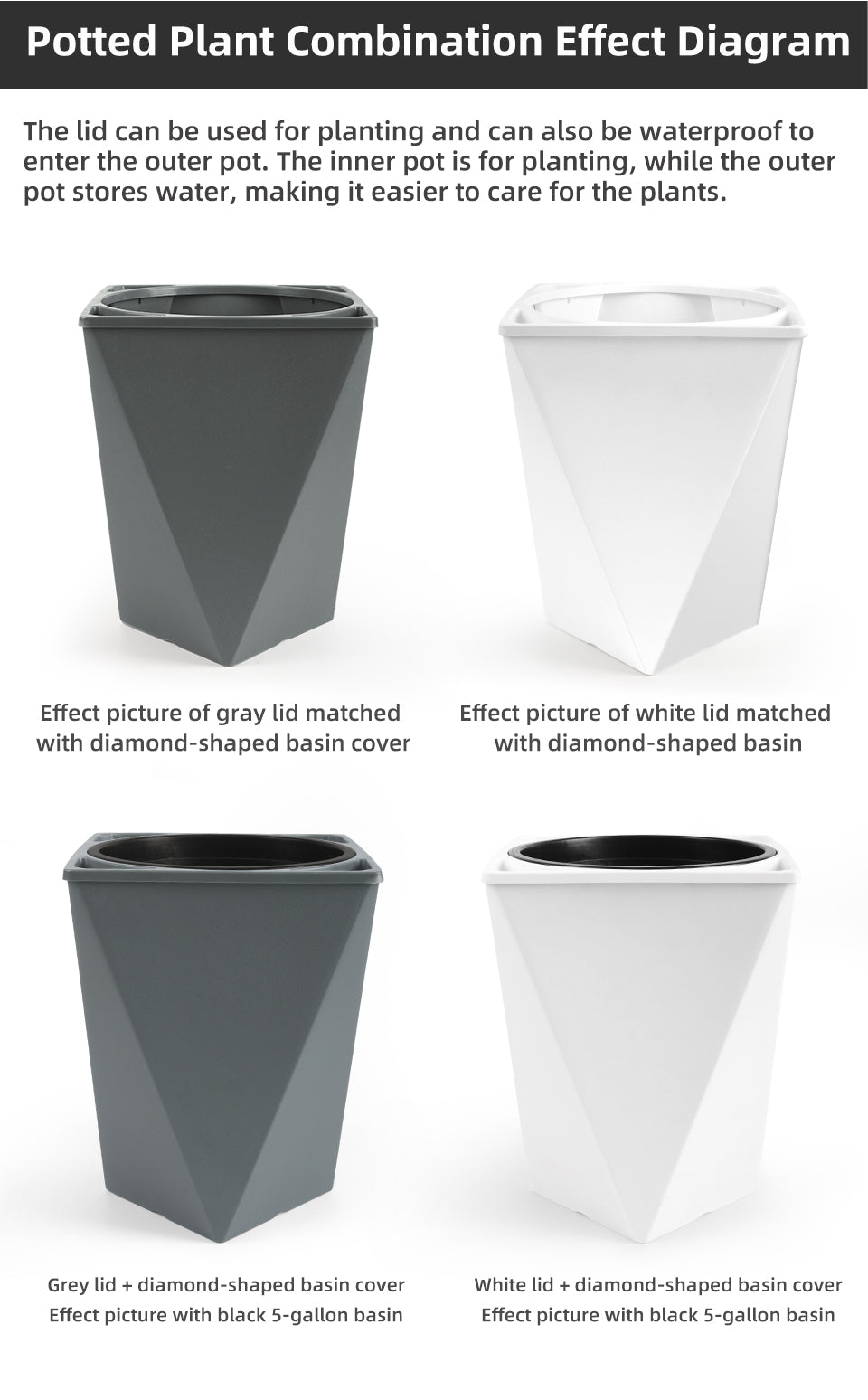 Rhombic Gallon Flower Pot Cover, Modern Plastic Planter with Lid, White & Grey, Self-Watering for Indoor Gardening, Bulk Supply