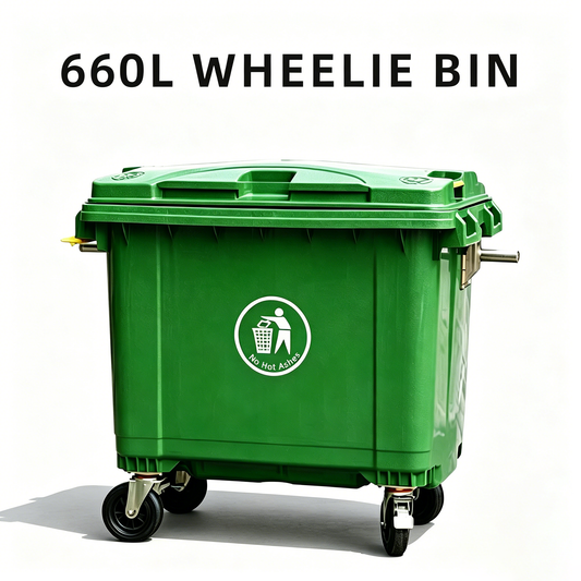 660L wheeled plastic waste bin, green commercial garbage container with sealed lid bulk supply