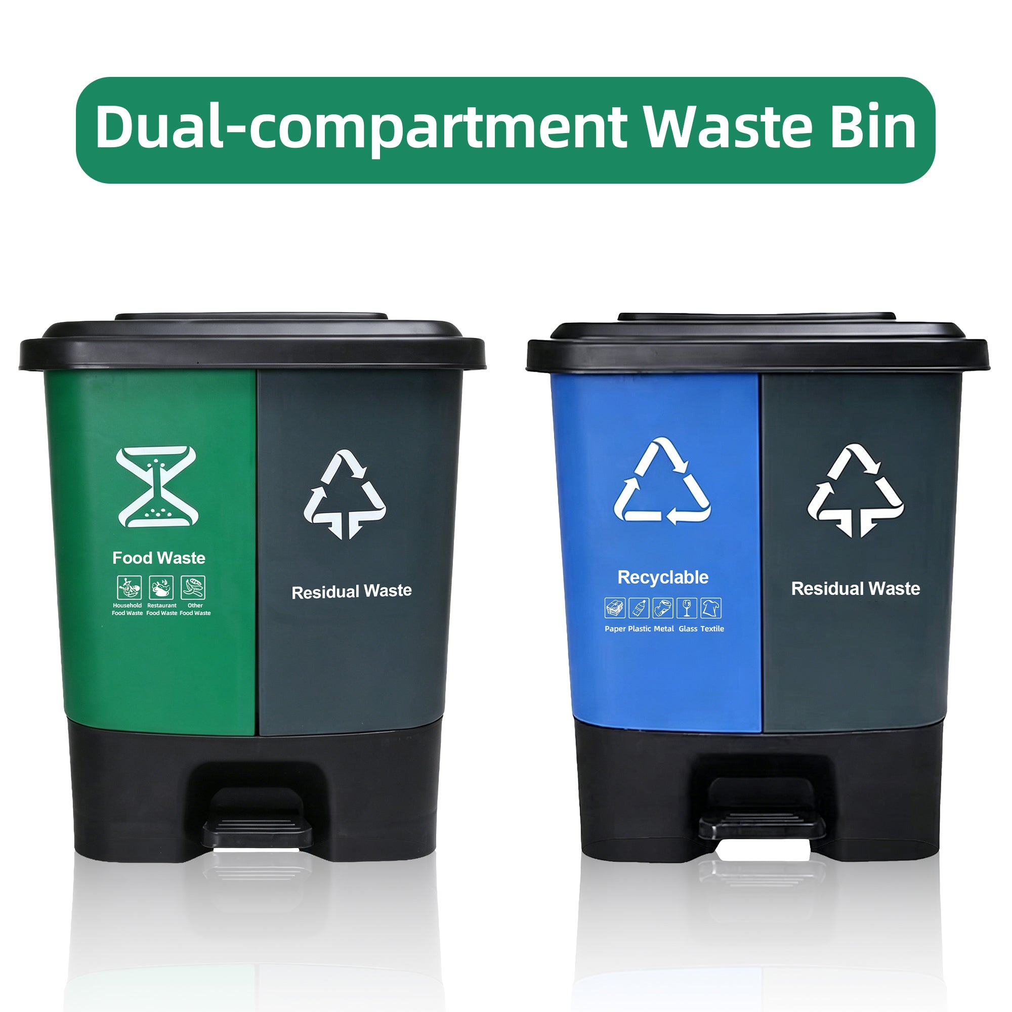 dual-compartment pedal plastic trash bins, 16-60L sorting waste containers
