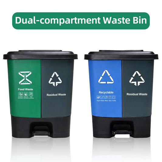 dual-compartment pedal plastic trash bins, 16-60L sorting waste containers