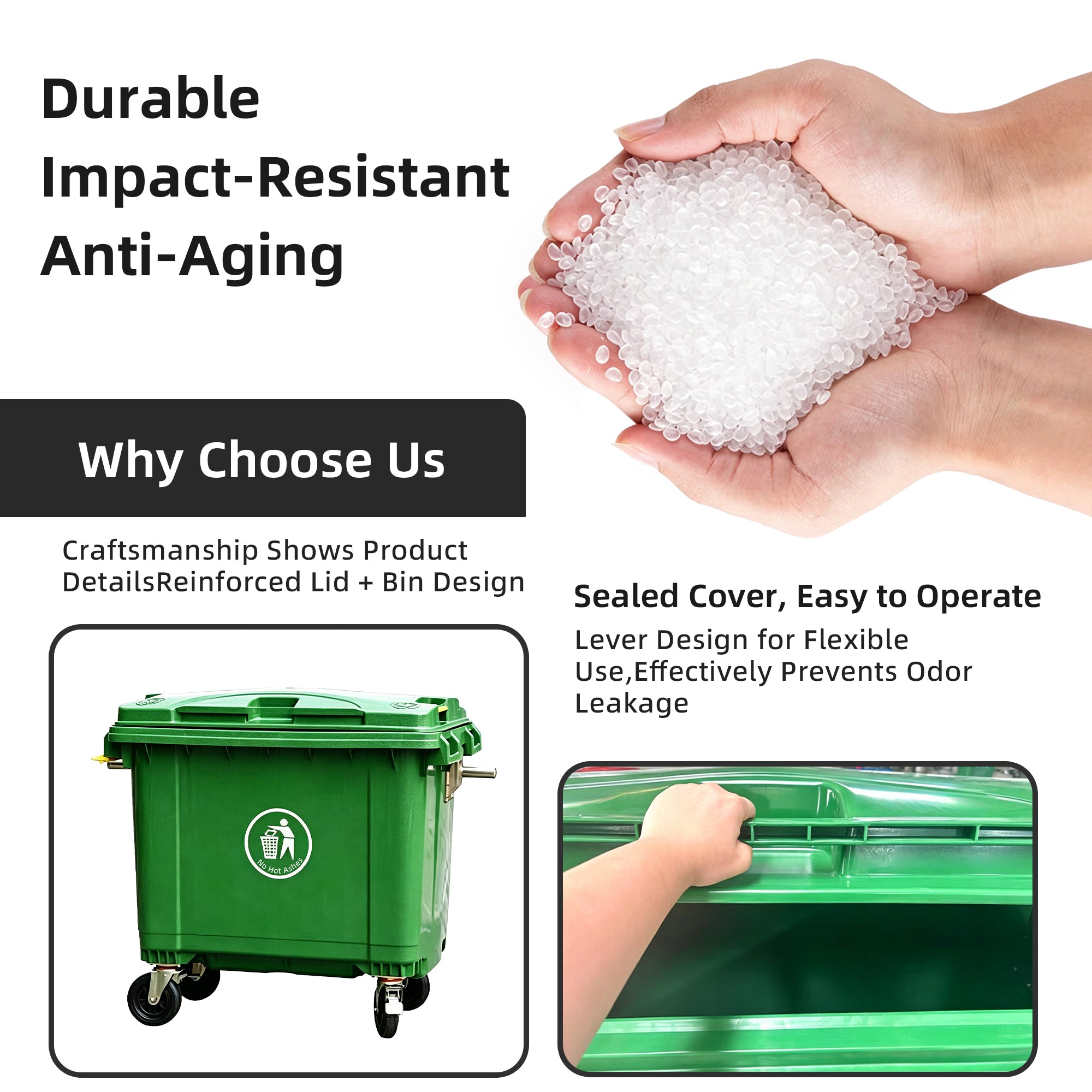 660L Heavy-Duty Wheeled Plastic Waste Bin, Green Commercial Garbage Container, Bulk Supply