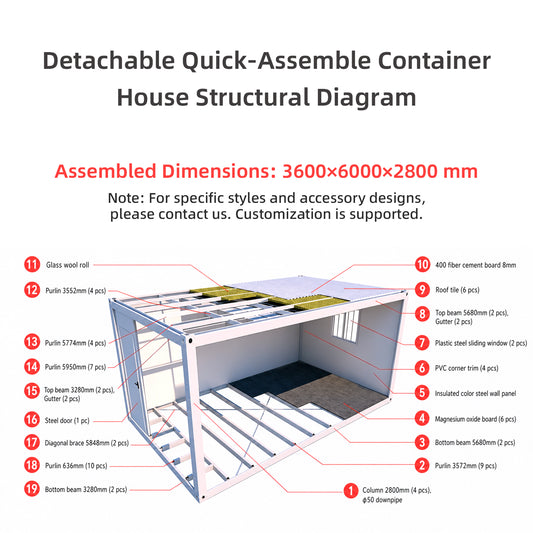 Detachable Quick-Assemble Steel Container House, 3.6x6m Prefabricated Modular Home, Bulk Supply
