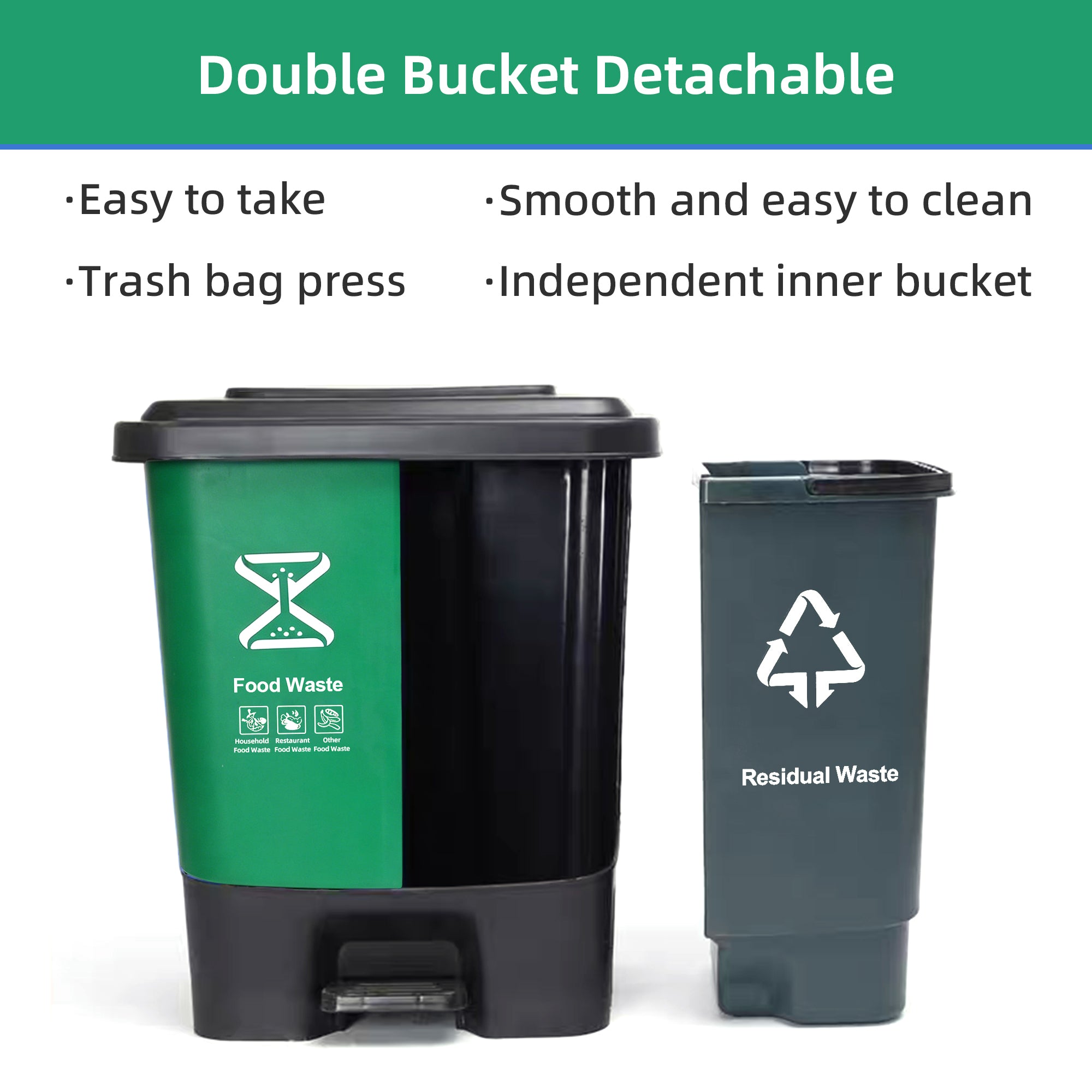 Dual-pedal plastic trash can, available in blue and green, 16-60 liters household and office waste sorting container, bulk supply