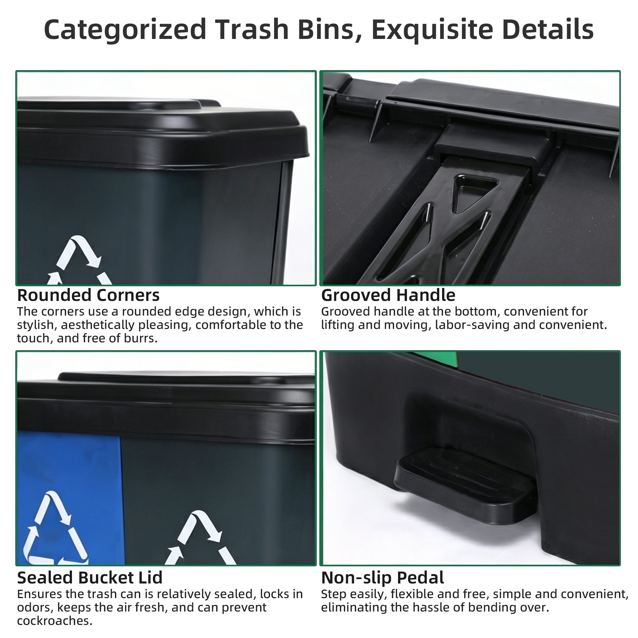 Dual-pedal plastic trash can, available in blue and green, 16-60 liters household and office waste sorting container, bulk supply