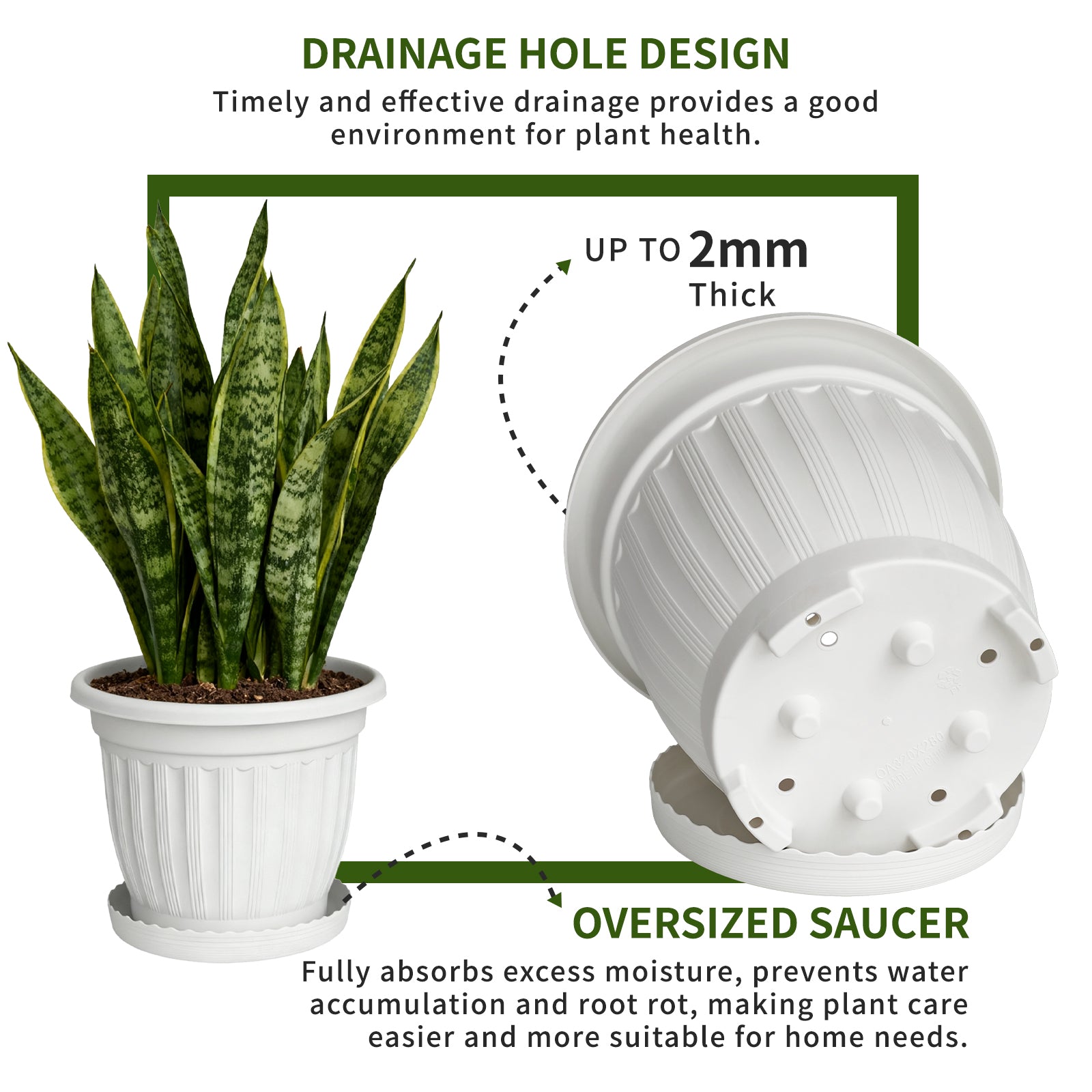OUMUHE 12.6Inch Plastic Planters with Drainage and Saucers, Set of 4, Large Flower Pots for Indoor Outdoor Plants, Available in Terracotta & White