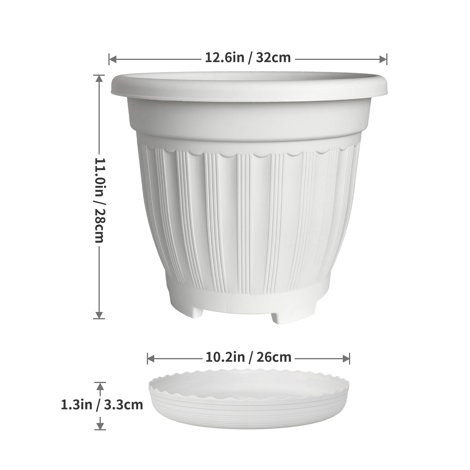 OUMUHE 12.6Inch Plastic Planters with Drainage and Saucers, Set of 4, Large Flower Pots for Indoor Outdoor Plants, Available in Terracotta & White