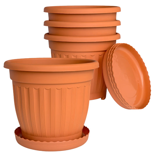 OUMUHE 12.6Inch Plastic Planters with Drainage and Saucers, Set of 4, Large Flower Pots for Indoor Outdoor Plants, Available in Terracotta & White