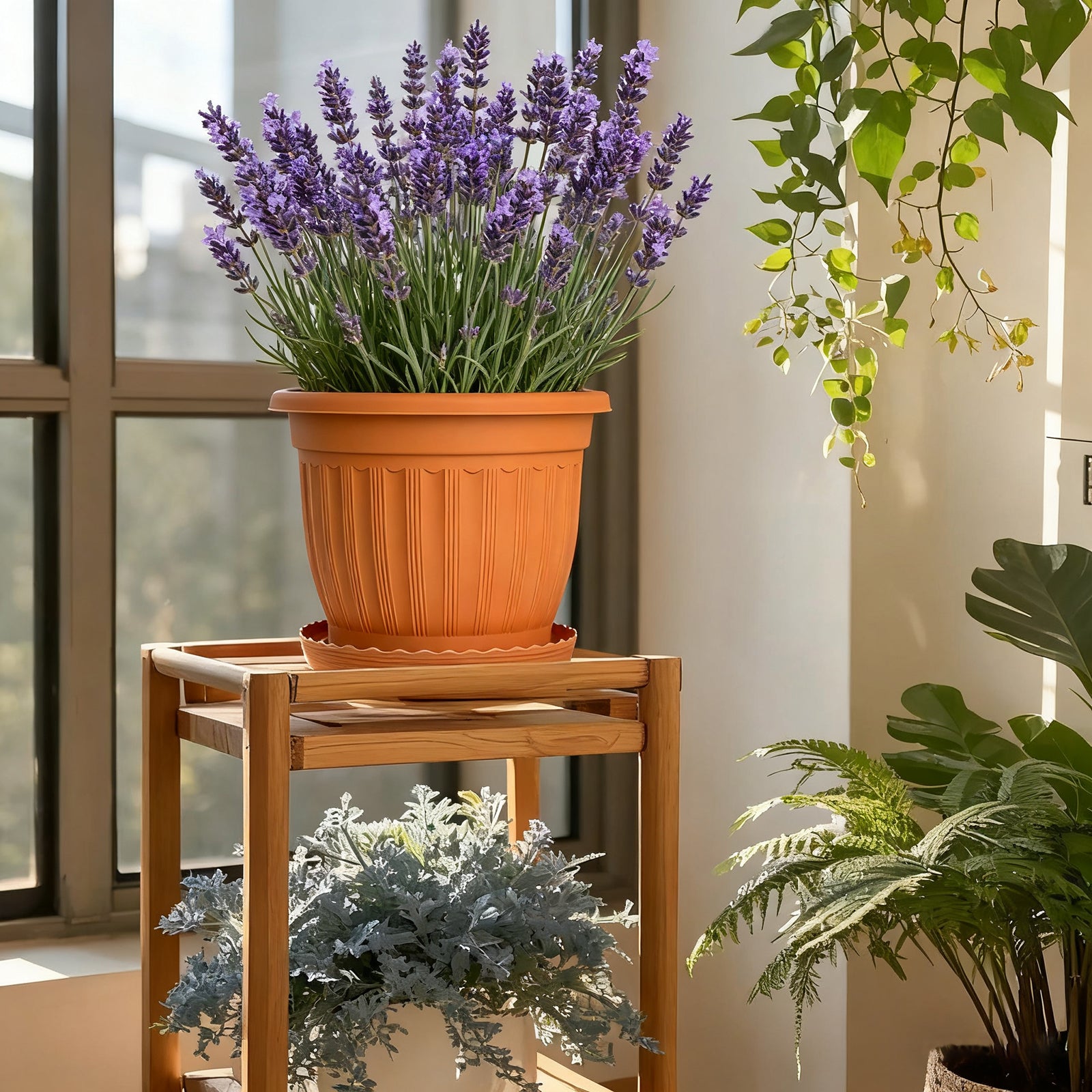 OUMUHE 12.6Inch Plastic Planters with Drainage and Saucers, Set of 4, Large Flower Pots for Indoor Outdoor Plants, Available in Terracotta & White