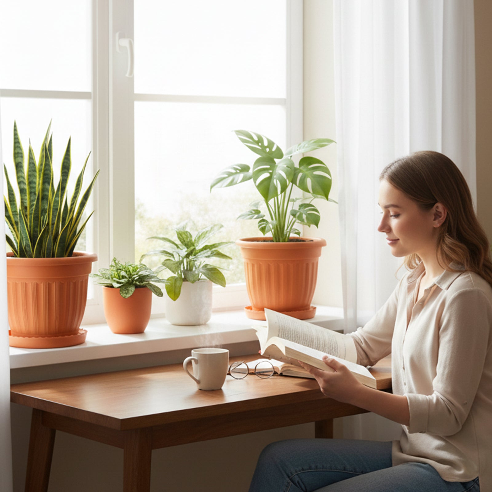 OUMUHE 12.6Inch Plastic Planters with Drainage and Saucers, Set of 4, Large Flower Pots for Indoor Outdoor Plants, Available in Terracotta & White