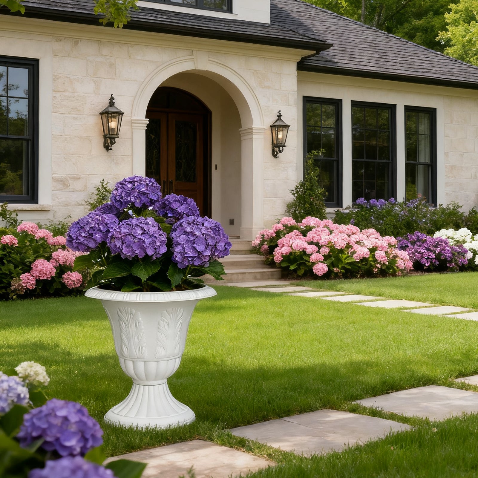 OUMUHE Set of 2 Goblet-Shaped Plastic Planters, 16" H × 14.5" D Large Lightweight Durable Flower Pots, Decorative Indoor Outdoor Garden Patio Plant Containers