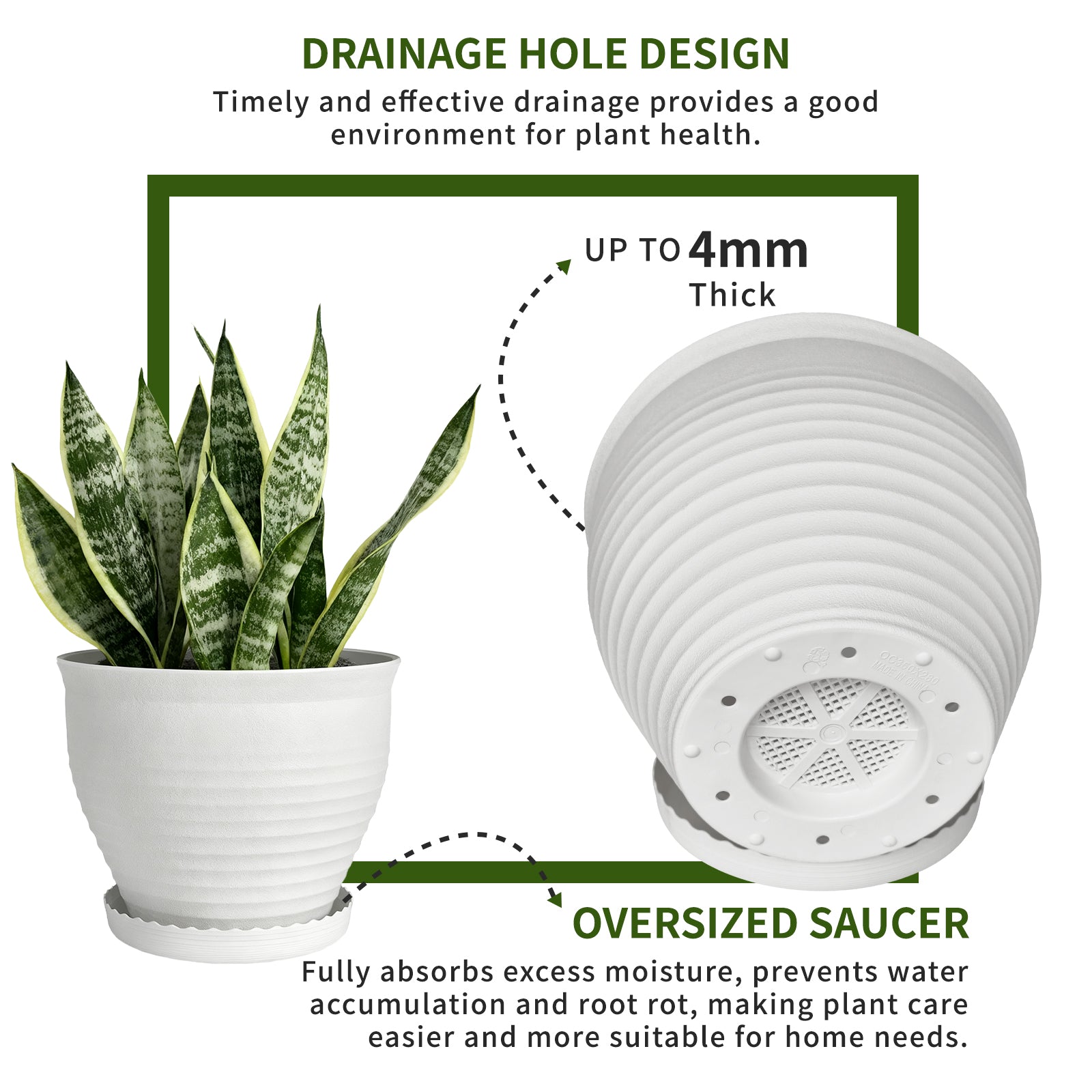 OUMUHE 13.8 Inch Plastic Planters with Drainage and Saucers, Set of 2, Large Flower Pots for Indoor Outdoor Plants, Available in Terracotta & White