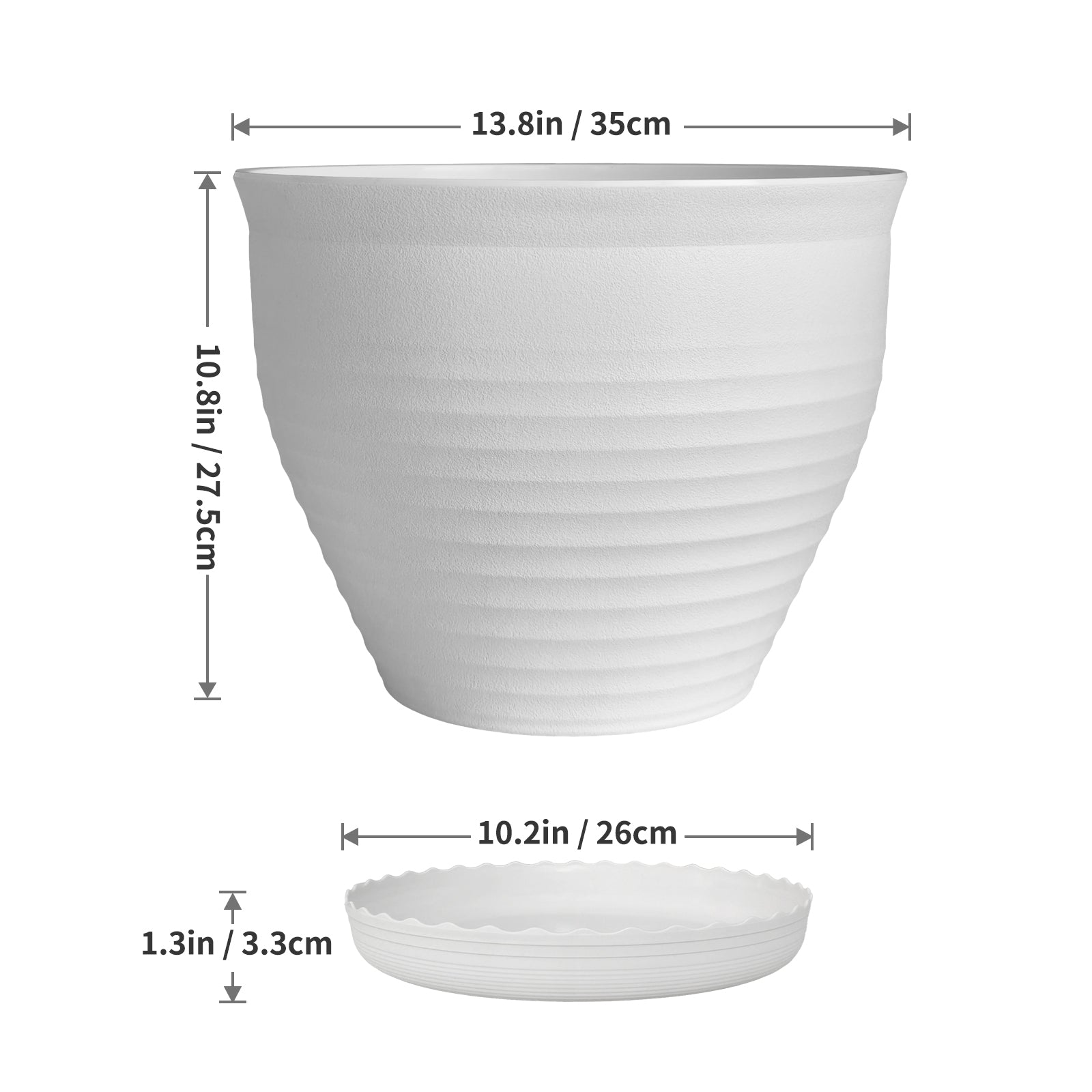 OUMUHE 13.8 Inch Plastic Planters with Drainage and Saucers, Set of 2, Large Flower Pots for Indoor Outdoor Plants, Available in Terracotta & White