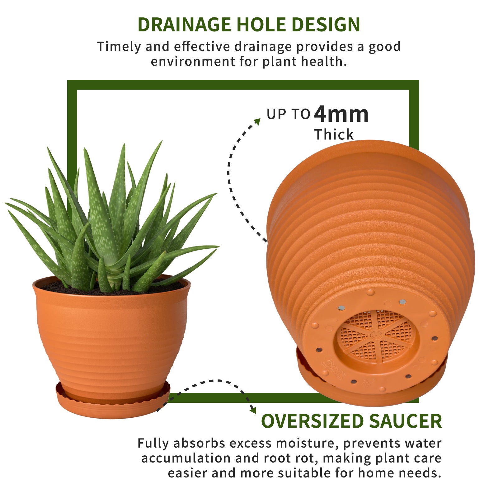 OUMUHE 13.8 Inch Plastic Planters with Drainage and Saucers, Set of 2, Large Flower Pots for Indoor Outdoor Plants, Available in Terracotta & White