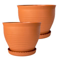 Load image into Gallery viewer, OUMUHE 13.8 Inch Plastic Planters with Drainage and Saucers, Set of 2, Large Flower Pots for Indoor Outdoor Plants, Available in Terracotta & White
