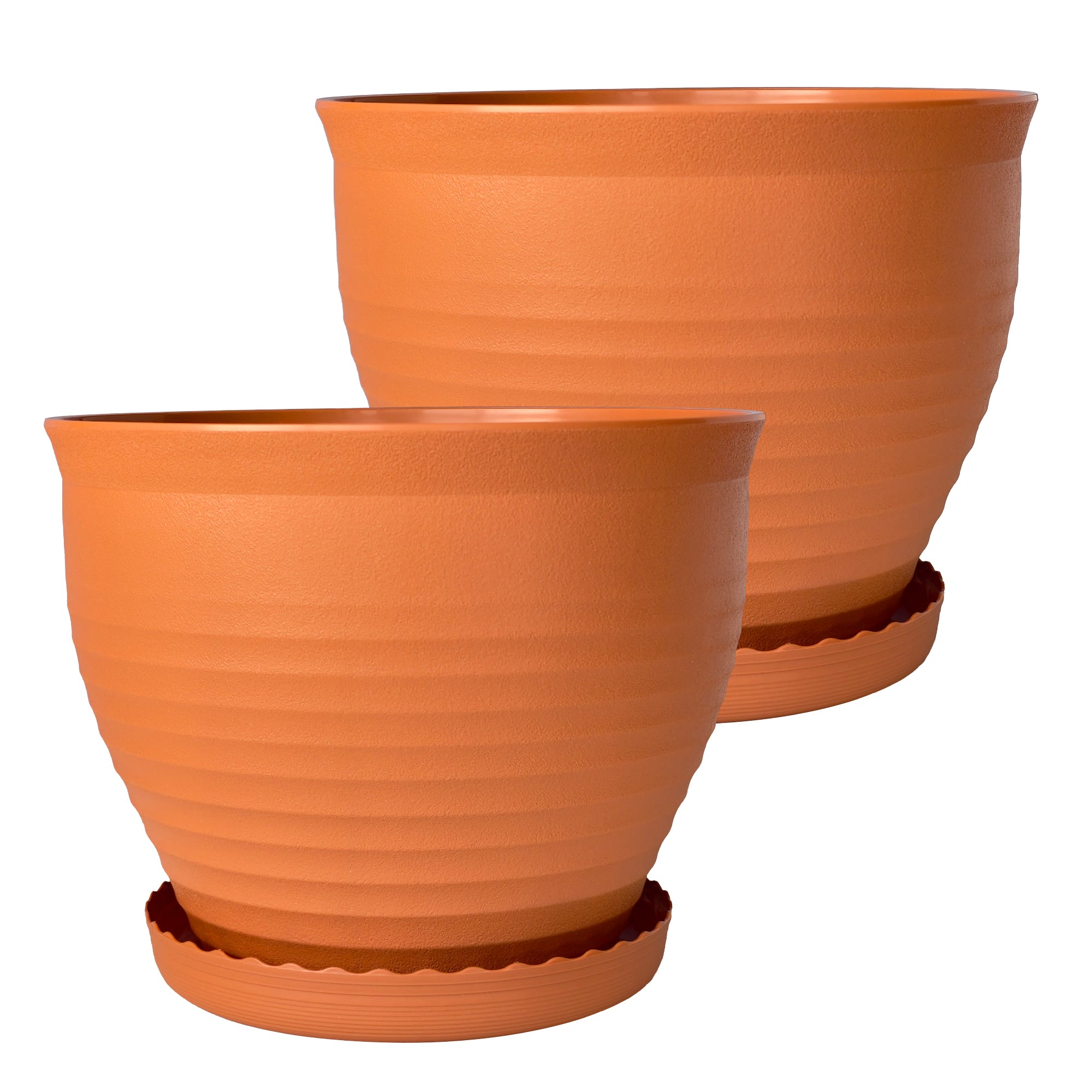 OUMUHE 13.8 Inch Plastic Planters with Drainage and Saucers, Set of 2, Large Flower Pots for Indoor Outdoor Plants, Available in Terracotta & White