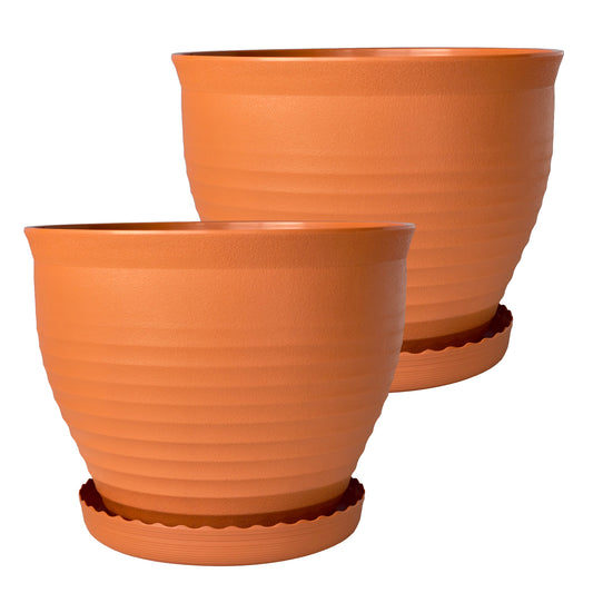 OUMUHE 13.8 Inch Plastic Planters with Drainage and Saucers, Set of 2, Large Flower Pots for Indoor Outdoor Plants, Available in Terracotta & White