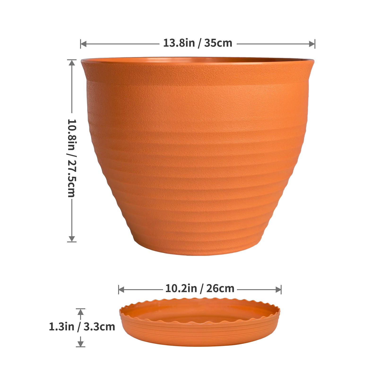 OUMUHE 13.8 Inch Plastic Planters with Drainage and Saucers, Set of 2, Large Flower Pots for Indoor Outdoor Plants, Available in Terracotta & White