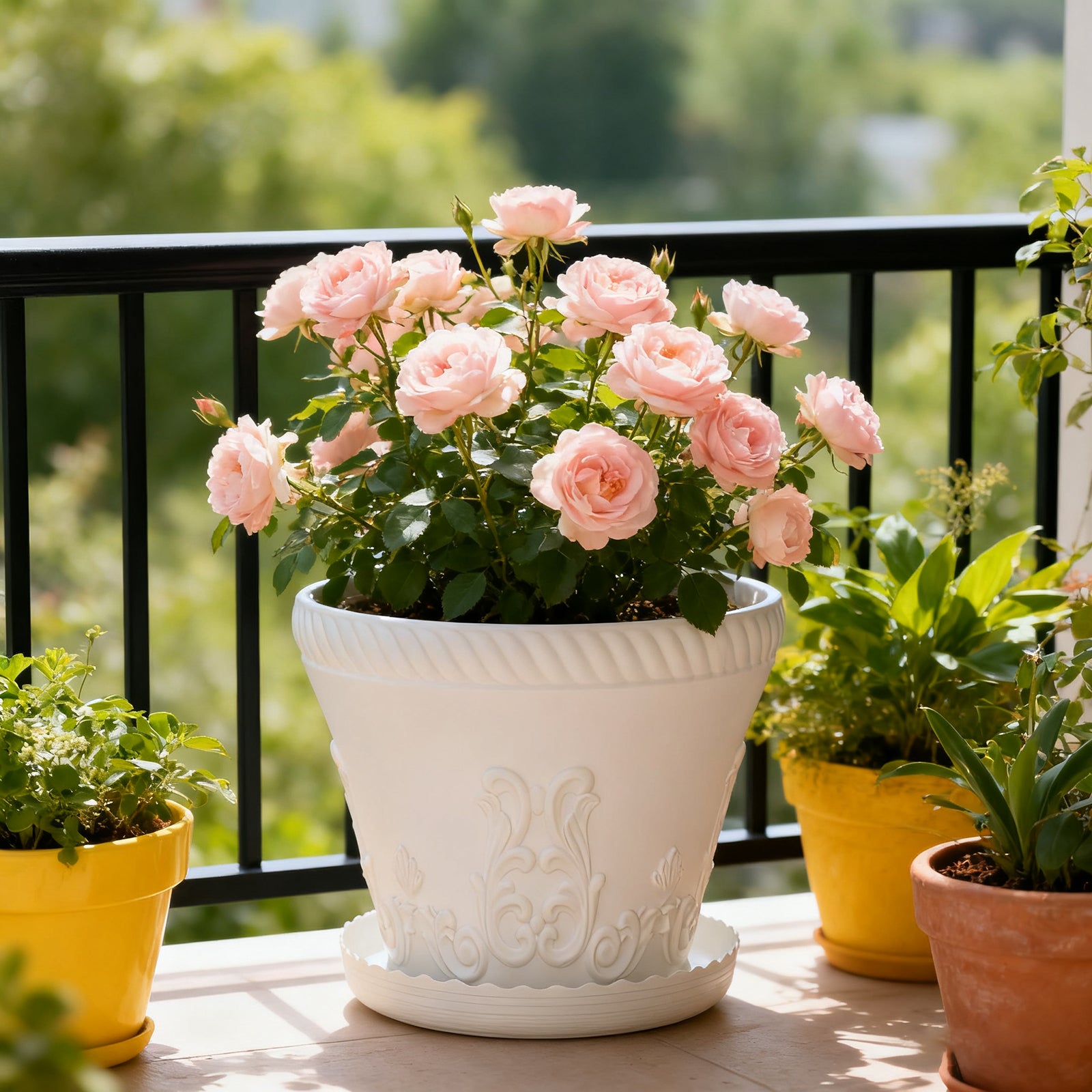 OUMUHE 11.4 Inch Plastic Planters with Drainage and Saucers, Set of 3, Decorative Flower Pots for Indoor Outdoor Use, Available in Terracotta & White