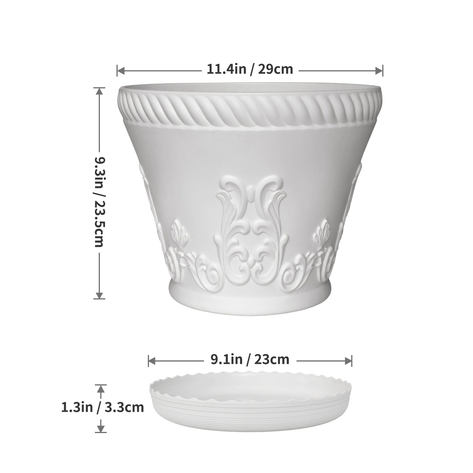 OUMUHE 11.4 Inch Plastic Planters with Drainage and Saucers, Set of 3, Decorative Flower Pots for Indoor Outdoor Use, Available in Terracotta & White
