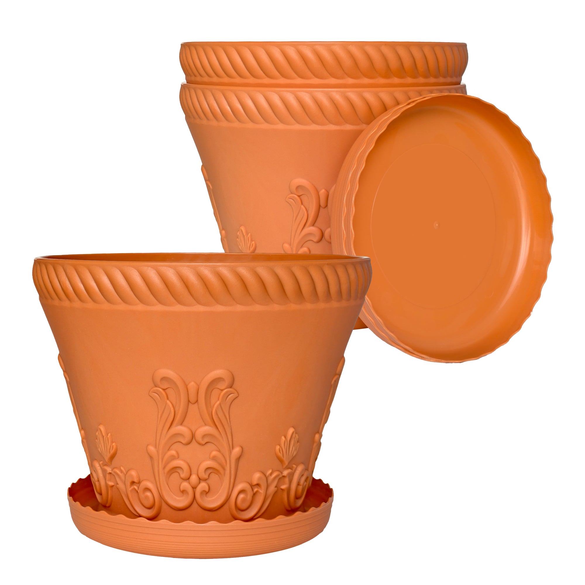OUMUHE 11.4 Inch Plastic Planters with Drainage and Saucers, Set of 3, Decorative Flower Pots for Indoor Outdoor Use, Available in Terracotta & White