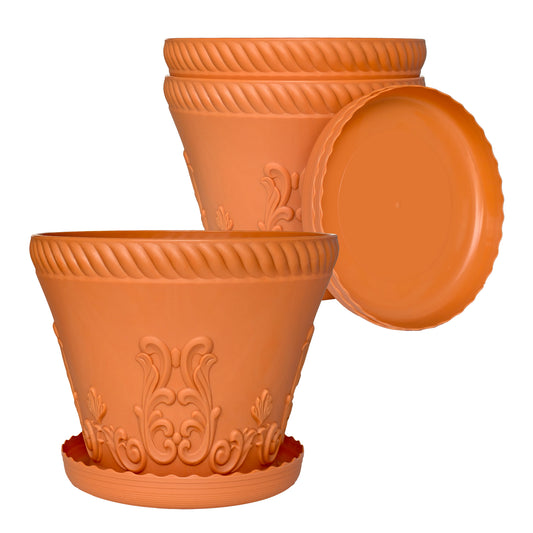 OUMUHE 11.4 Inch Plastic Planters with Drainage and Saucers, Set of 3, Decorative Flower Pots for Indoor Outdoor Use, Available in Terracotta & White
