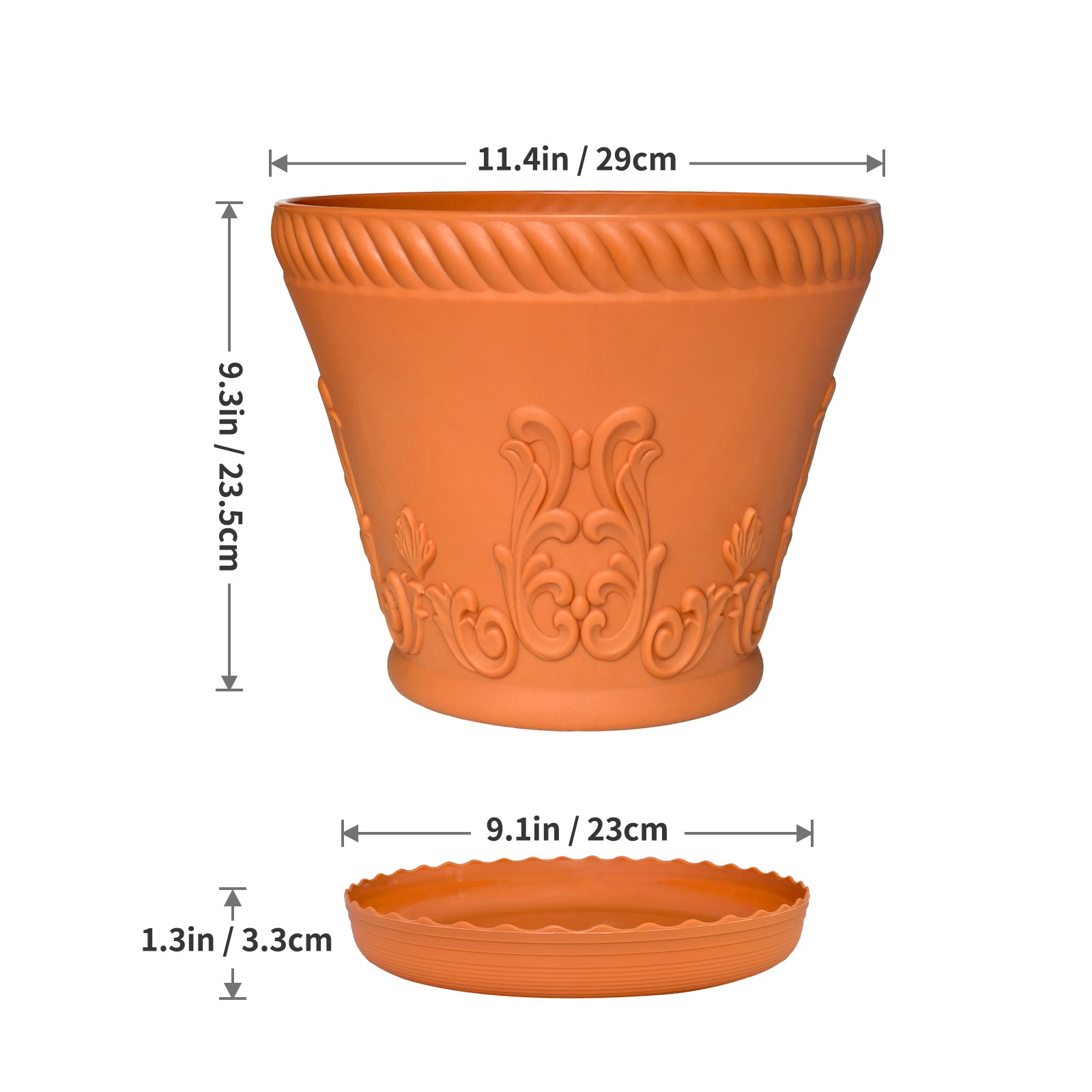 OUMUHE 11.4 Inch Plastic Planters with Drainage and Saucers, Set of 3, Decorative Flower Pots for Indoor Outdoor Use, Available in Terracotta & White