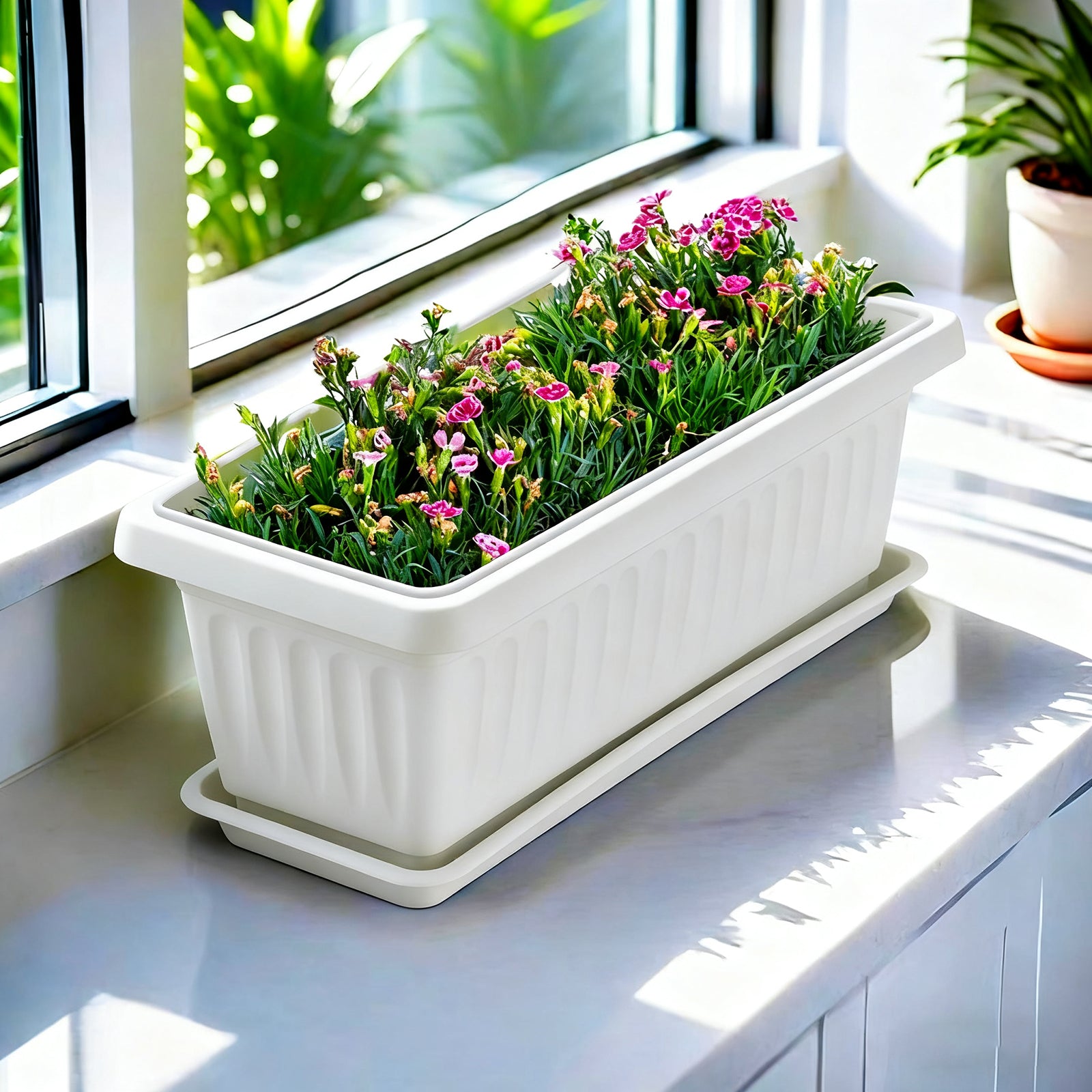 OUMUHE 19 Inch Rectangular Plastic Planters with Drainage and Matching Trays, Set of 2, Window Box Flower Pots for Indoor Outdoor Use, Available in Terracotta & White