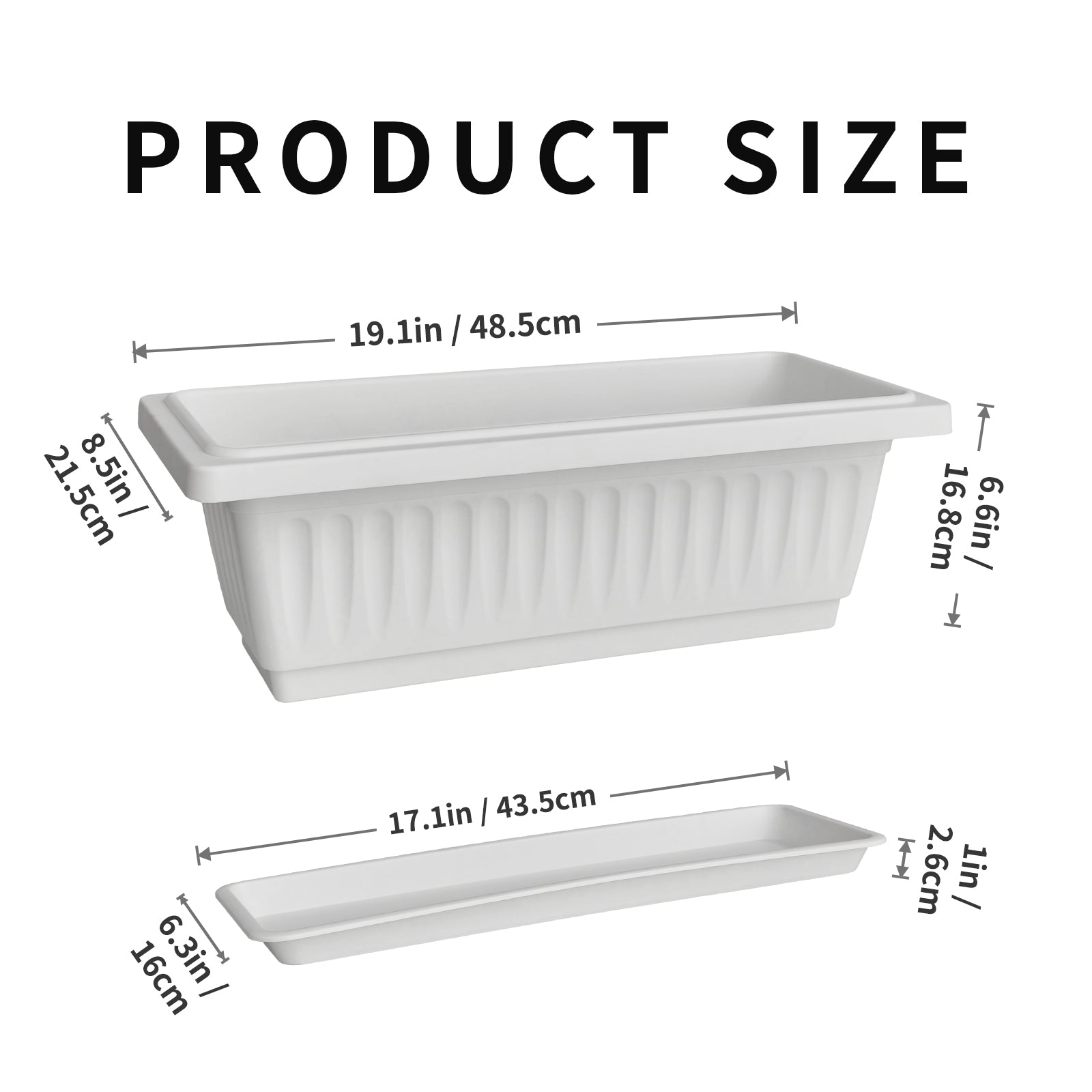 OUMUHE 19 Inch Rectangular Plastic Planters with Drainage and Matching Trays, Set of 2, Window Box Flower Pots for Indoor Outdoor Use, Available in Terracotta & White