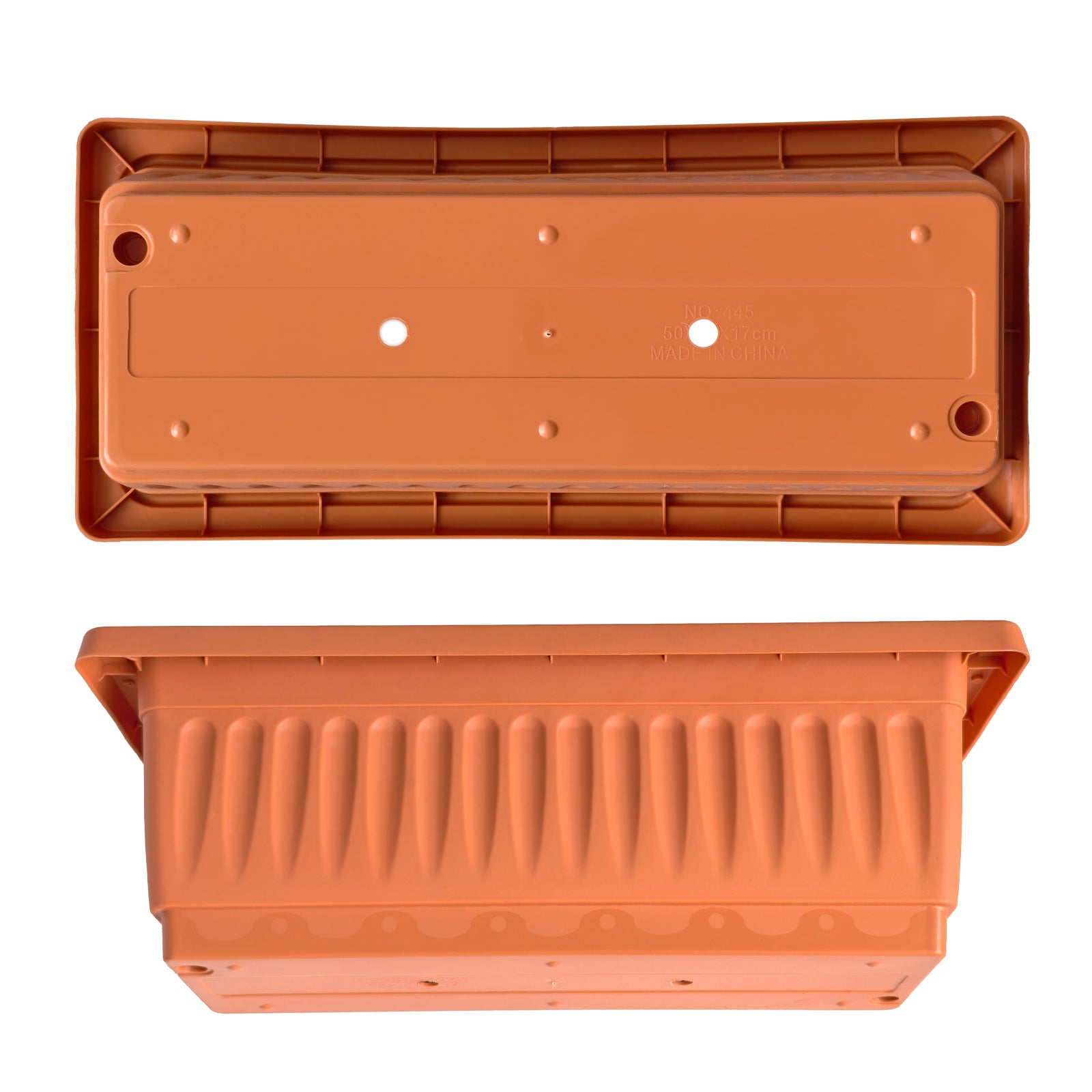 OUMUHE 19 Inch Rectangular Plastic Planters with Drainage and Matching Trays, Set of 2, Window Box Flower Pots for Indoor Outdoor Use, Available in Terracotta & White