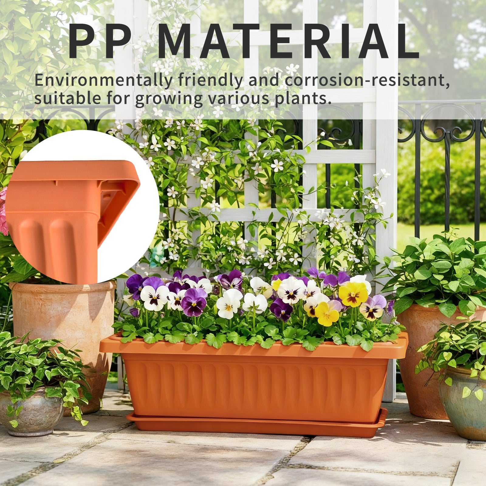 OUMUHE 19 Inch Rectangular Plastic Planters with Drainage and Matching Trays, Set of 2, Window Box Flower Pots for Indoor Outdoor Use, Available in Terracotta & White