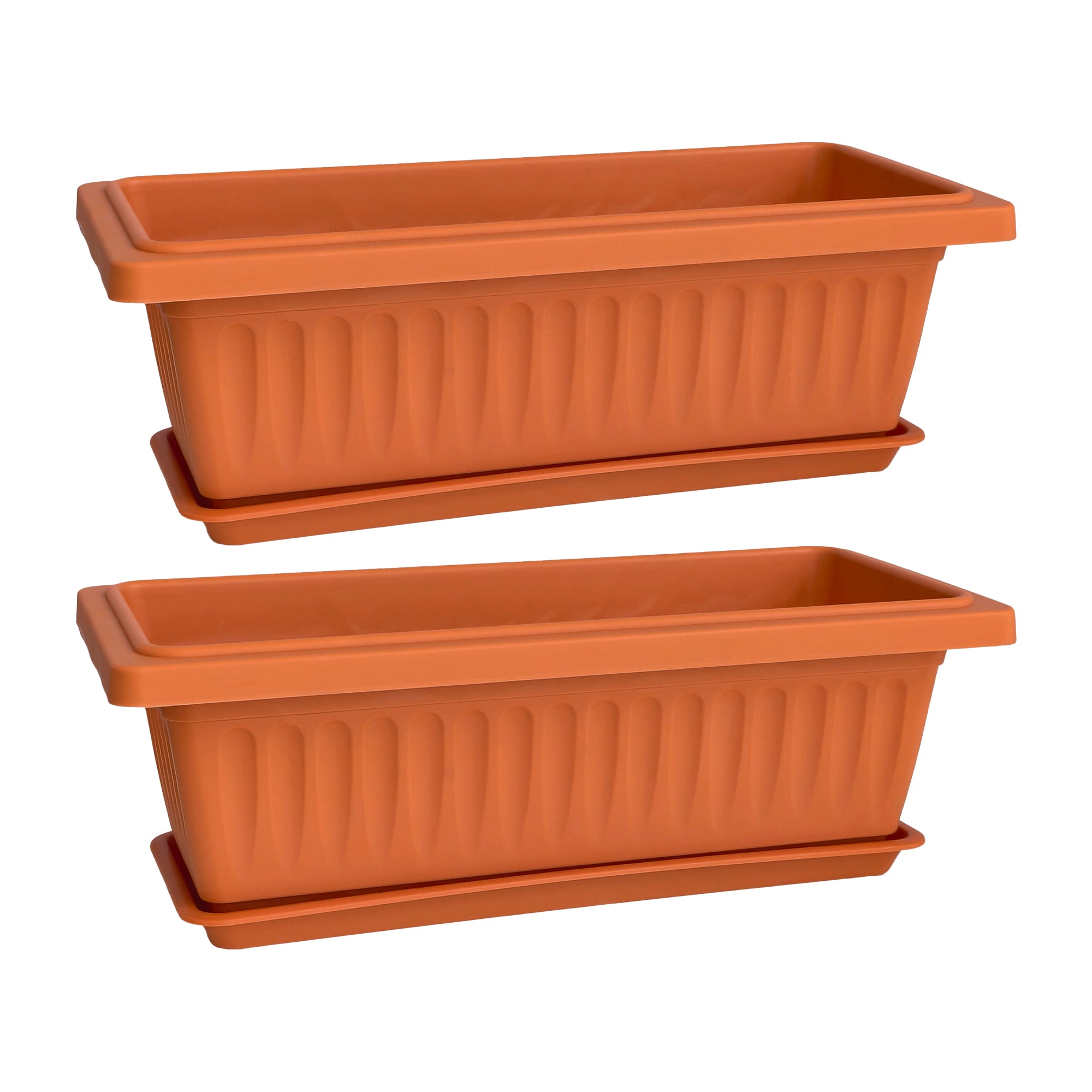 OUMUHE 19 Inch Rectangular Plastic Planters with Drainage and Matching Trays, Set of 2, Window Box Flower Pots for Indoor Outdoor Use, Available in Terracotta & White