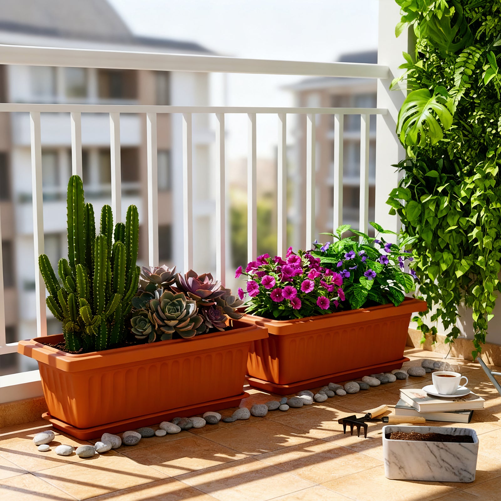 OUMUHE 19 Inch Rectangular Plastic Planters with Drainage and Matching Trays, Set of 2, Window Box Flower Pots for Indoor Outdoor Use, Available in Terracotta & White