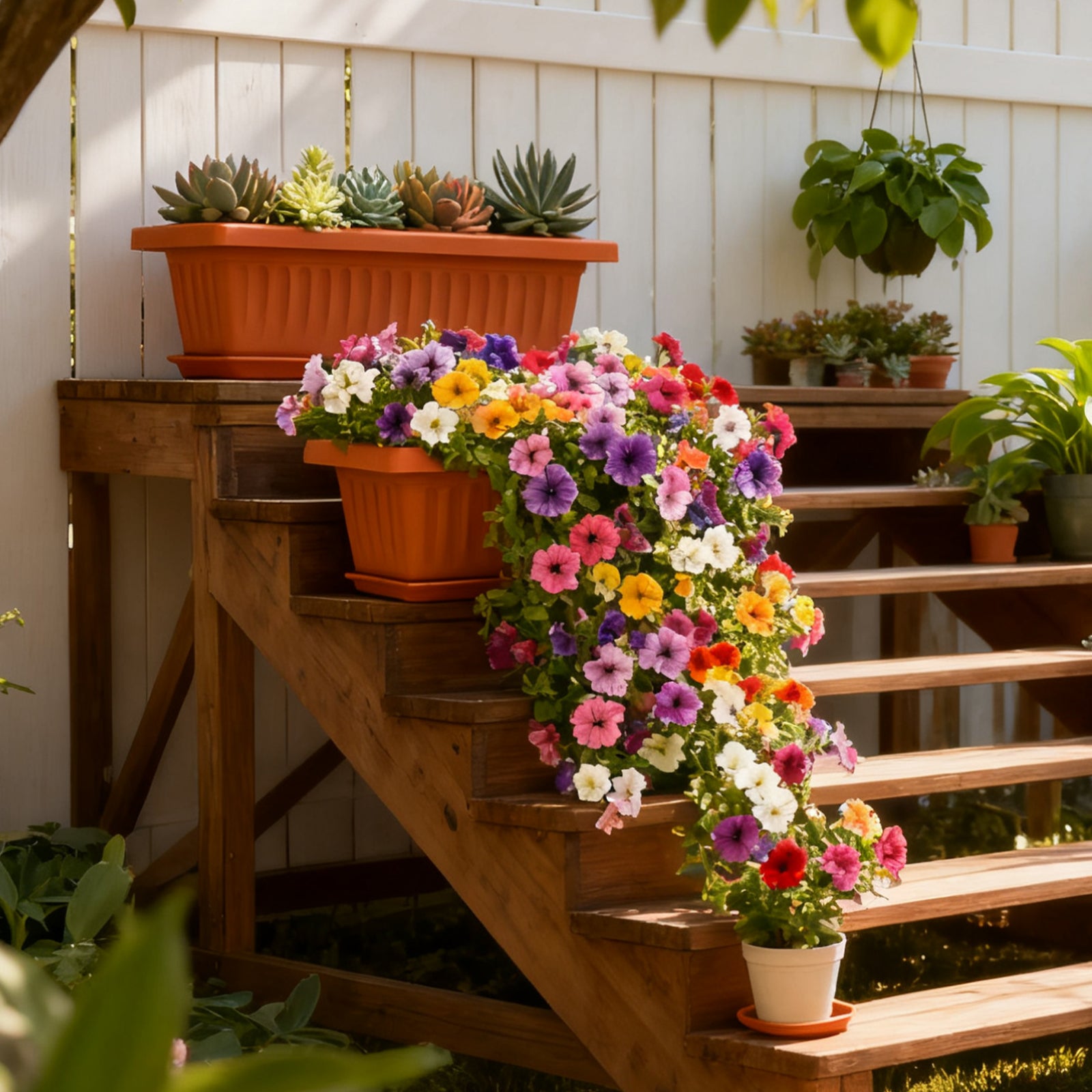 OUMUHE 19 Inch Rectangular Plastic Planters with Drainage and Matching Trays, Set of 2, Window Box Flower Pots for Indoor Outdoor Use, Available in Terracotta & White
