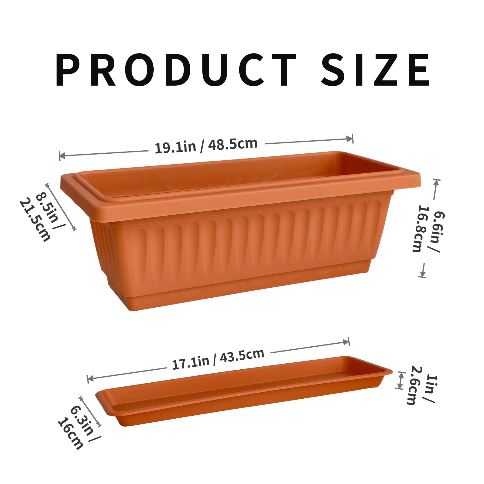 OUMUHE 19 Inch Rectangular Plastic Planters with Drainage and Matching Trays, Set of 2, Window Box Flower Pots for Indoor Outdoor Use, Available in Terracotta & White