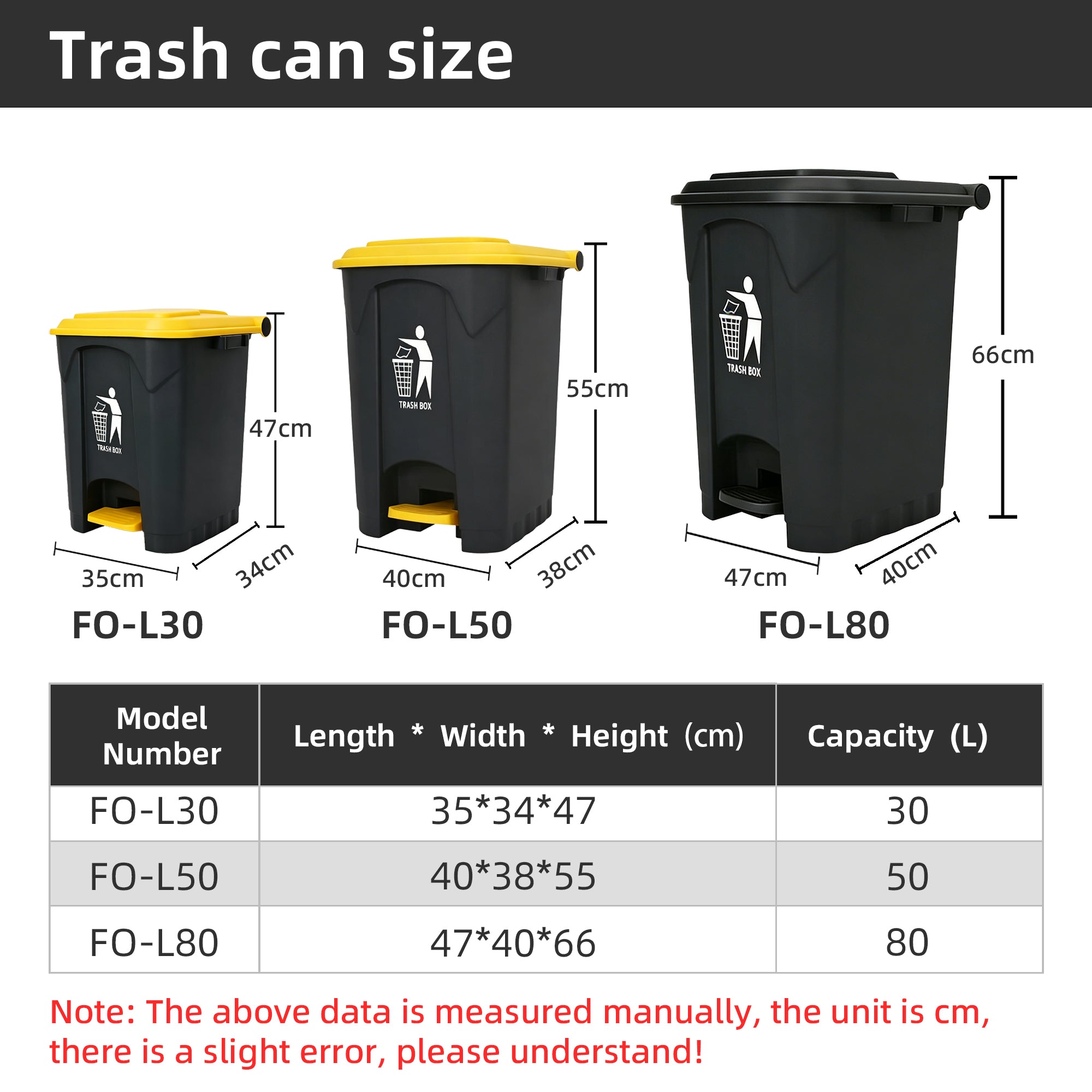 Hands-Free Step Pedal Trash Cans, 30L/50L/80L Plastic Waste Bins, Bulk Supply