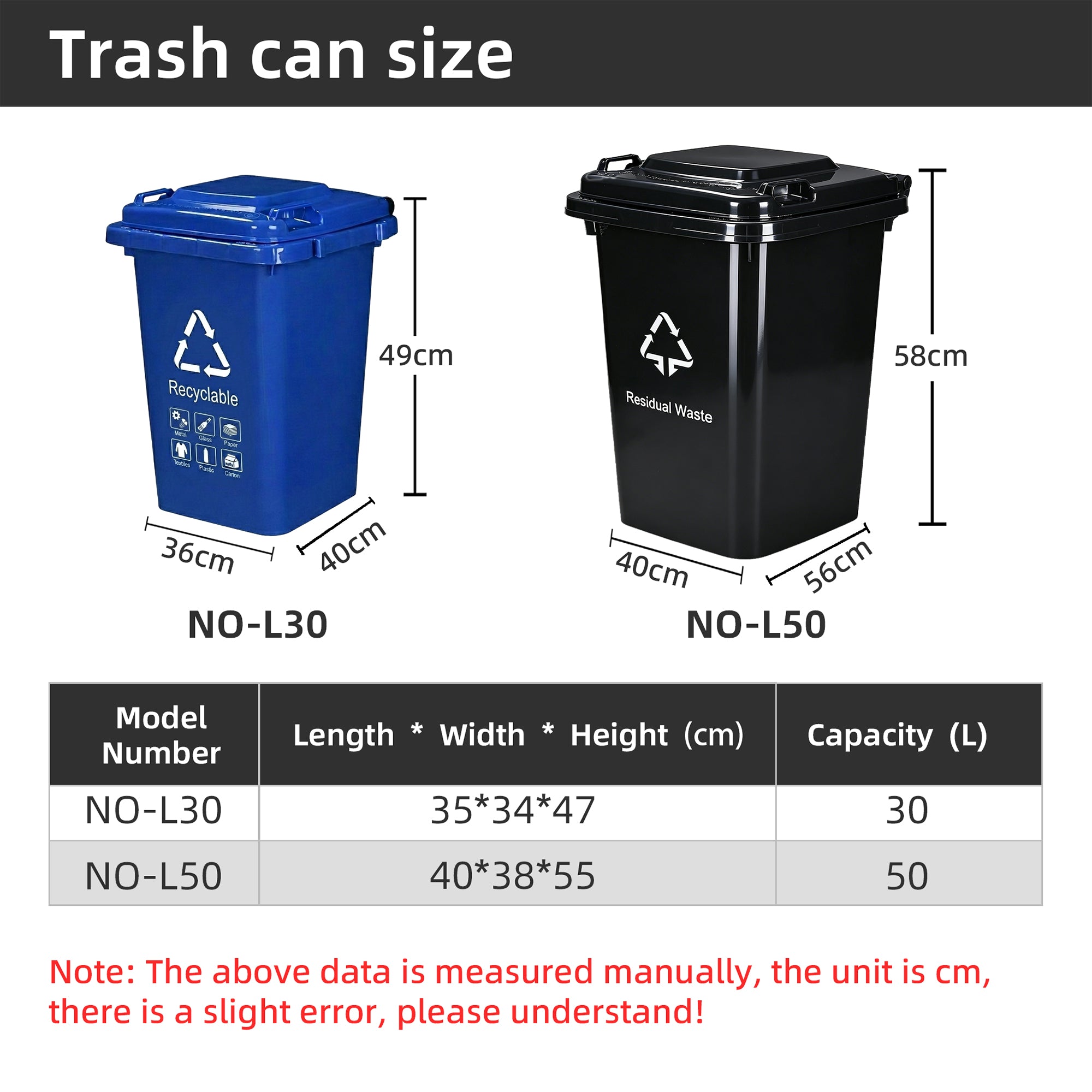 Square Plastic Trash Cans, 30L 50L with Lids Handles, for Home Office Indoor Outdoor, Bulk Supply