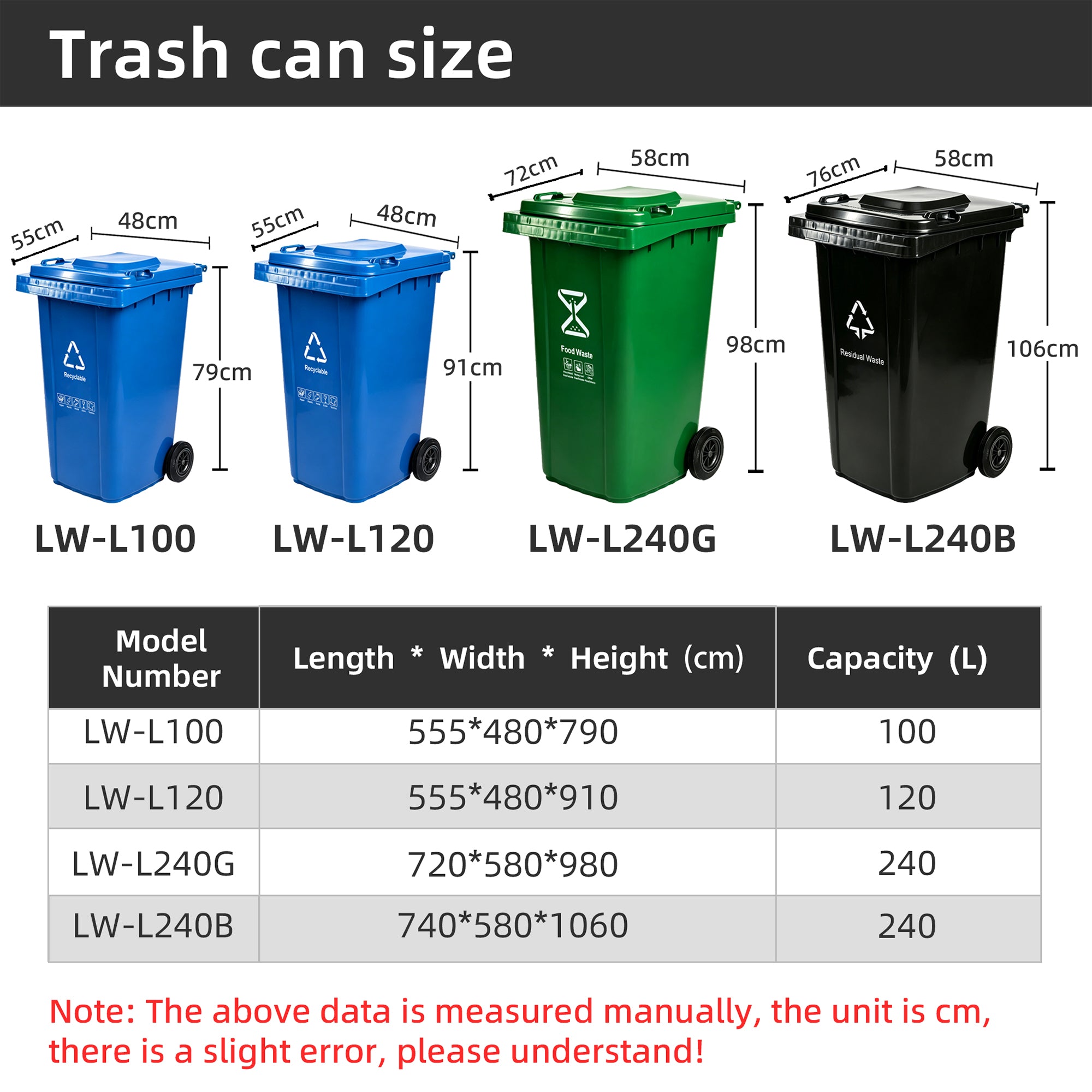 Wheeled Plastic Waste Bins, 100-240L Color-Coded Sorting Containers with Lids, Bulk Supply